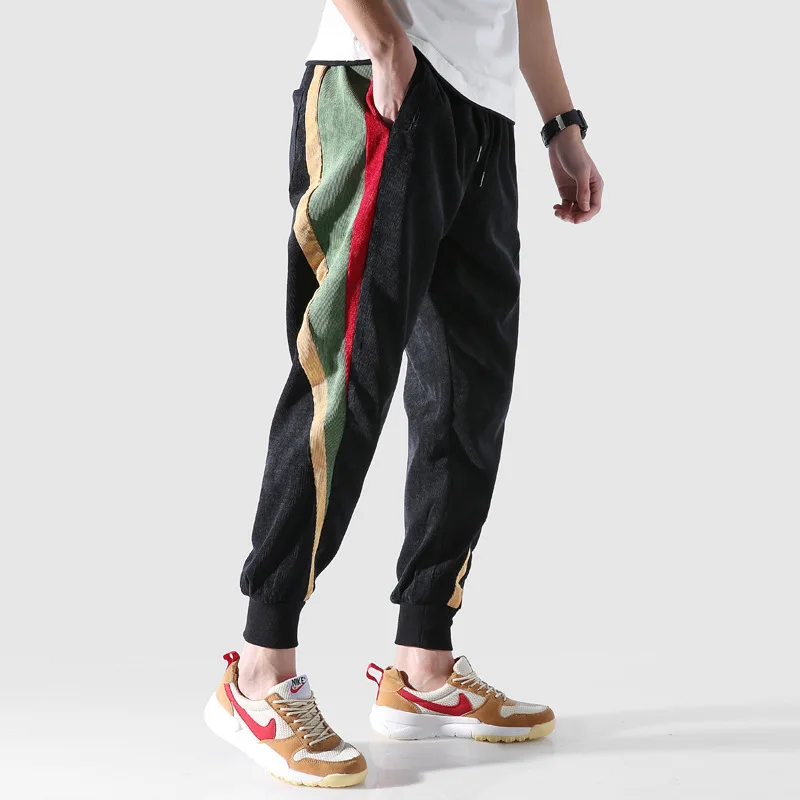 

Autumn Fashion Casual Corduroy Pants Men Loose Fit Colorful Stripe Spliced Cargo Pants Big Size M-5XL Streetwear
