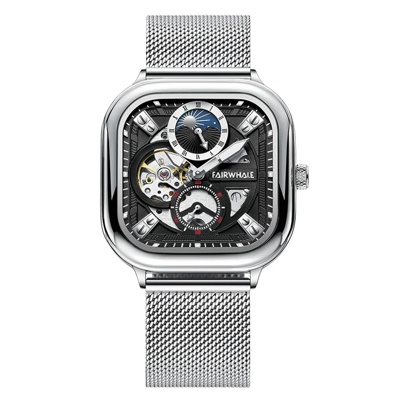 

FAIRWHALE Square Watch For Men Top Brand Luxury Automatic Mechanical Mens Watches Waterproof Moon Phase Clock Reloj Hombre