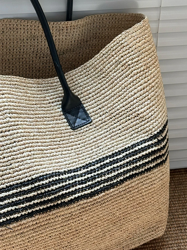 Stripes Lafite Straw Weave Tote Bags For Women Luxury Designer Handbags And Purses New Casual Letter Large Capacity Shoulder