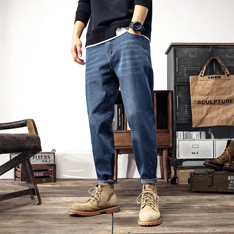 

Fashion Retro Jeans Men Spring Solid Color Pencil Pants Casual Large Size Denim Trousers