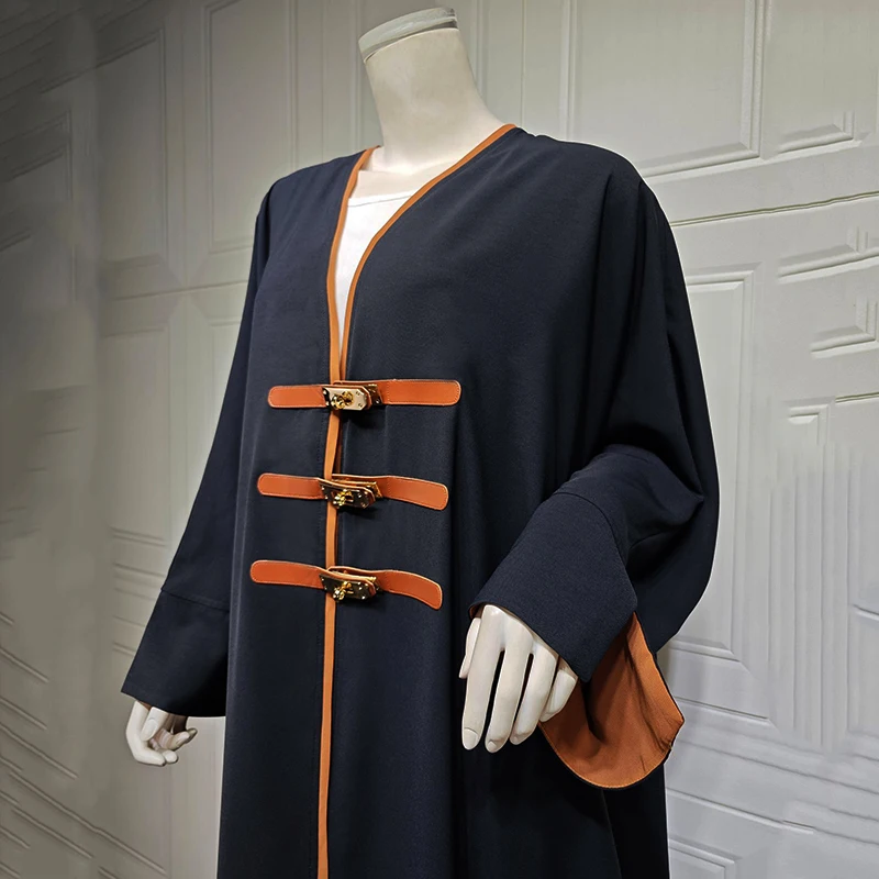 Women Sweater Jacket Gown with Leather Button Muslim Abaya Türkiye Arab Robe