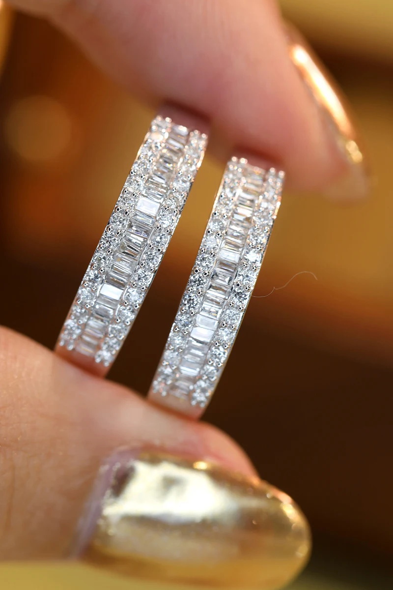 LUOWEND 100% 18K White Gold Rings Row Drill 0.50carat Real Natural Diamond Ring Wedding Band for Women Fashion Design Jewelry