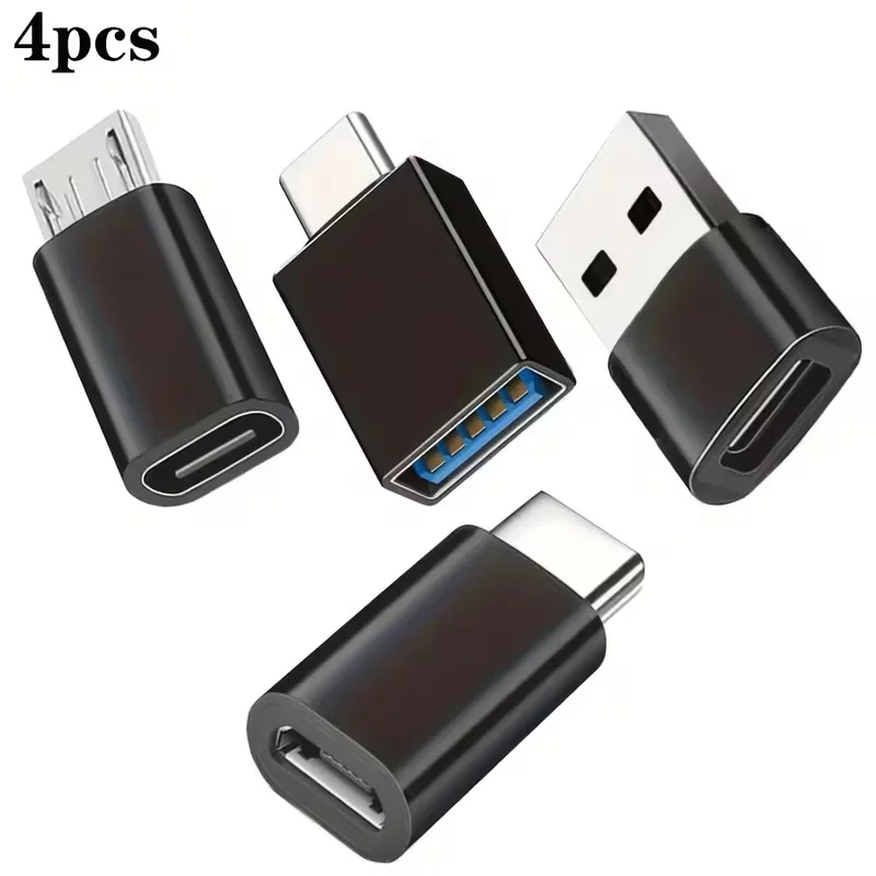 (4개입) 블랙 USB to USB C 어댑터, USB 타입 C 암-USB 어댑터, 마이크로 USB to USB C 암-수 컨버터 커넥터, Su