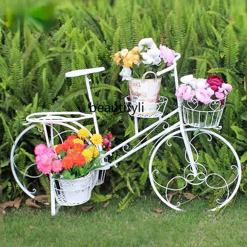 YJ Outdoor European-Style Wrought Iron Bicycle Flower Rack Balcony Courtyard Shop Window Decoration Decoration