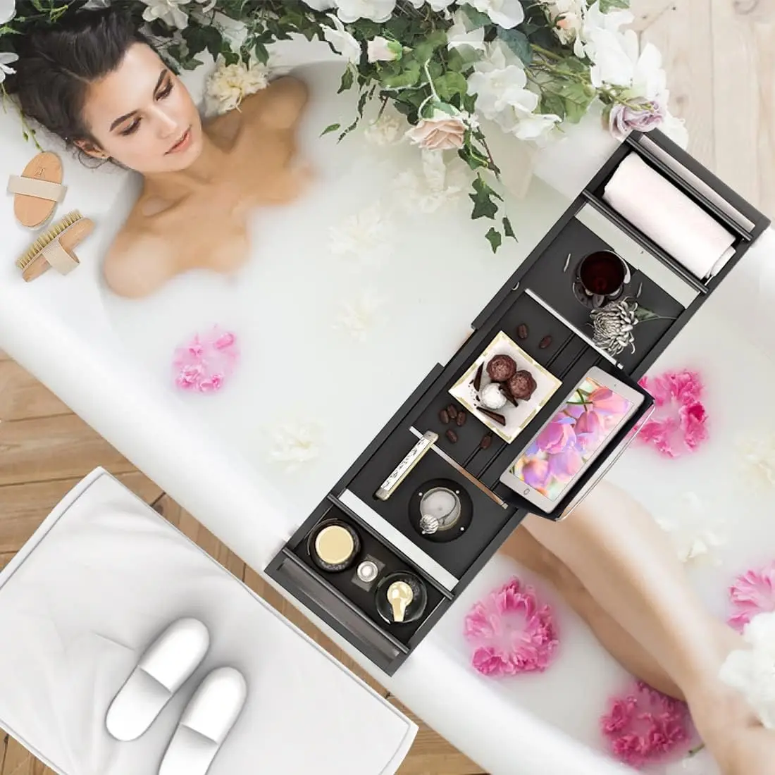 NEW Bamboo Adjustable Organizer Tray for Bathroom with Free Soap Dish Suitable for Luxury Spa or Reading(Black)