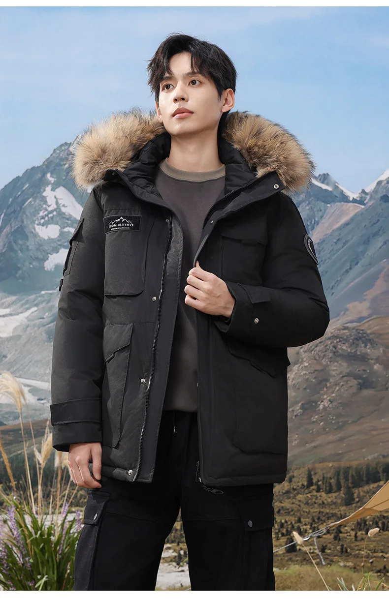 GIOIO men's down jacket, fur collar, goose down filled mid-length parka, autumn and winter casual warm jacket top coat,