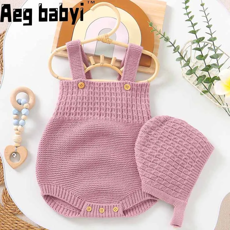 

Newborn Baby Rompers Hats Clothes Sets Autumn Solid Knitted Infants Kids Boy Girl Sweaters Jumpsuits Outfits 2pcs Knitwear