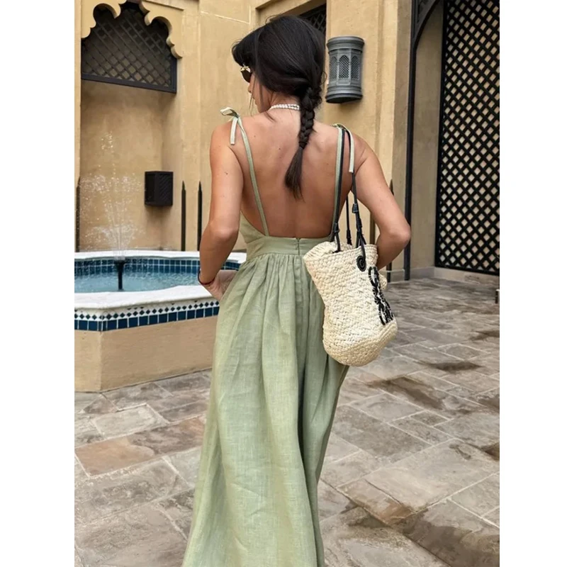 Original Backless Cotton Suspender Dress Spring and Summer Women's Elegant Mori Style Sexy V-Neck High Waist Suspender Dress 3