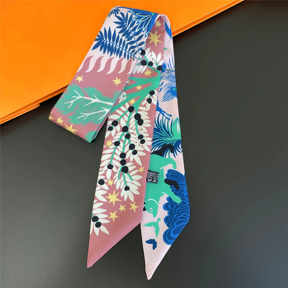 Neuer modischer, vielseitig kombinierbarer Seidenschal im koreanischen Stil mit Maya-Dschungeltieren, Twill-Langstreifen, kleiner Schal, zum Binden einer Tasche, Band, Schleife – Detail 5