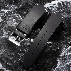 Handcrafted Vintage Oil Wax Leather Watch Band - Premium Cowhide with Timeless Stitching - 22mm (Black)