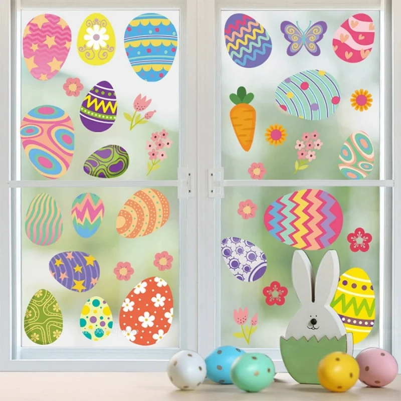 Colorful Easter Egg Window Stickers Double-Sided Static Cling Festival Party Store Home Window Carrot Flower Spring Decor