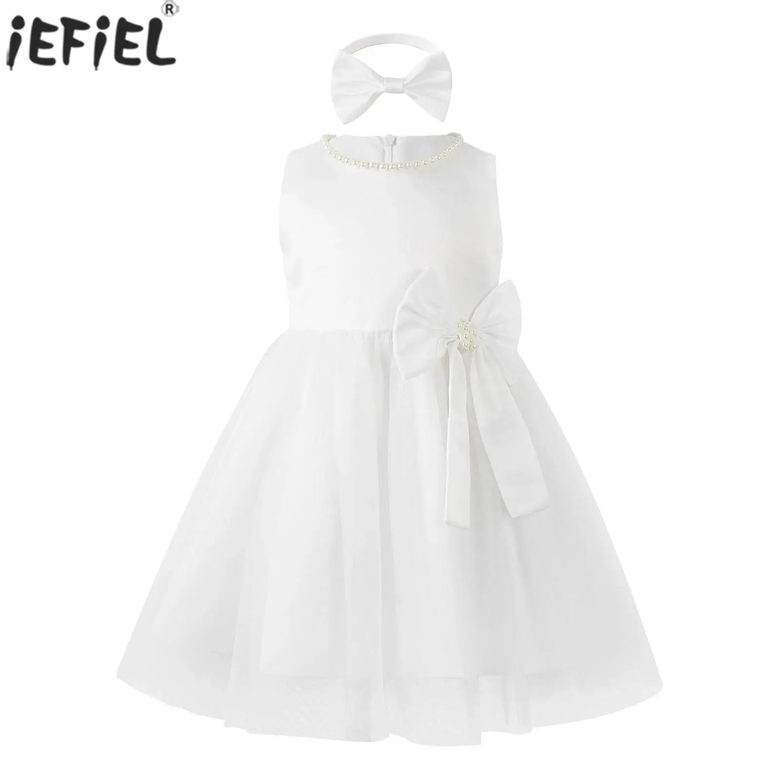 

Toddler Flower Girls Christening Baptism Dress Sleeveless Pearls Bow Tutu Dresses with Headband Wedding Birthday Party Prom Gown