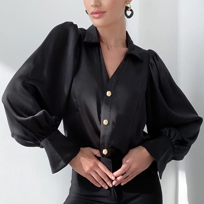 

Офисная Женская мода свободные топы с V-образным вырезом на пуговицах Осенняя рубашка с длинным рукавом винтажная черная атласная блузка женская одежда Блузы 29367