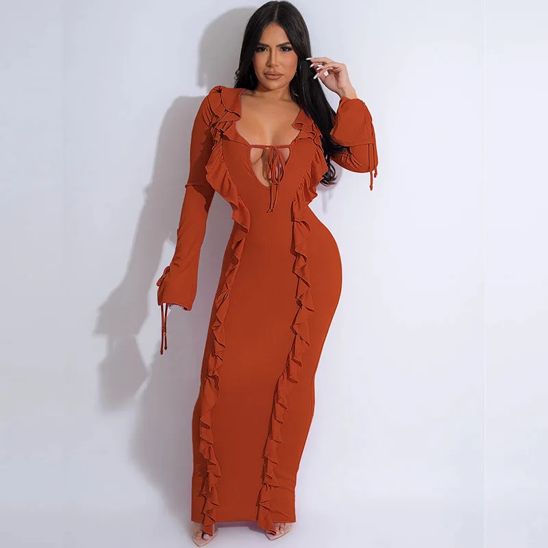 thumbnail image 1 of Vestido largo ajustado con escote en V profundo y volantes para mujer, sexy, elástico, ajustado, para fiesta de noche, graduación y discoteca, 1 of 4
