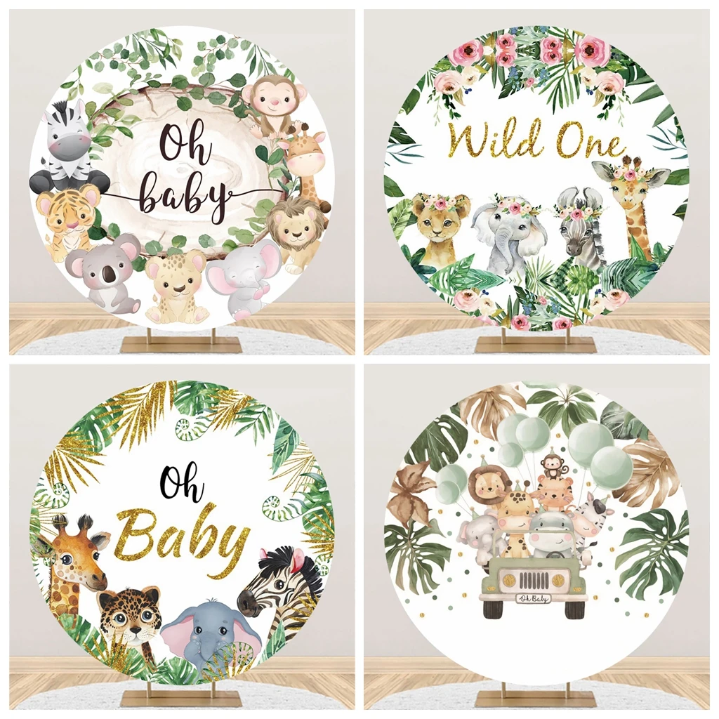 Custom Wood Round Animals Photo Backdrop Poster Baby Shower Kids 1st  Birthday Party Decor Circle Photographic Background Props