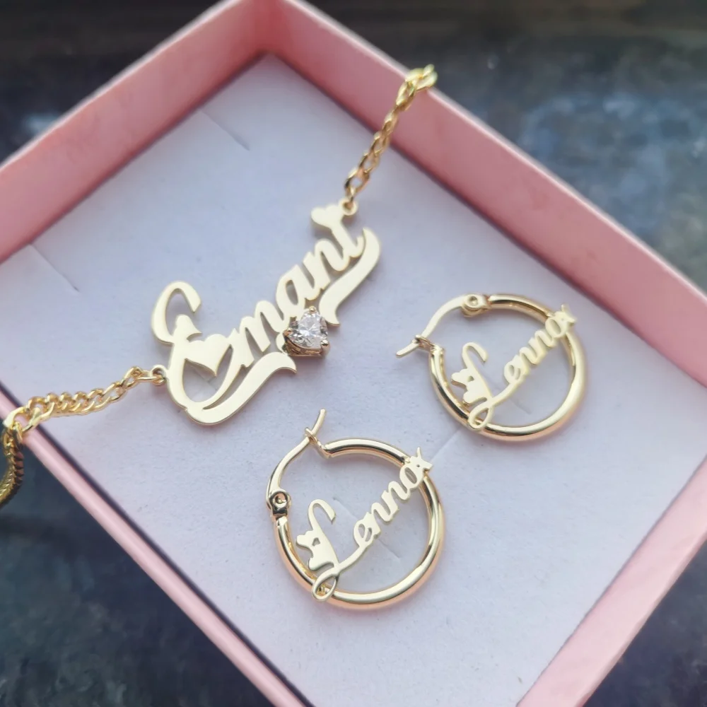 

LeeChee Heart Zircon Custom Name Letter Necklace 20mm Round Hoop Twist Earrings Jewelry Set