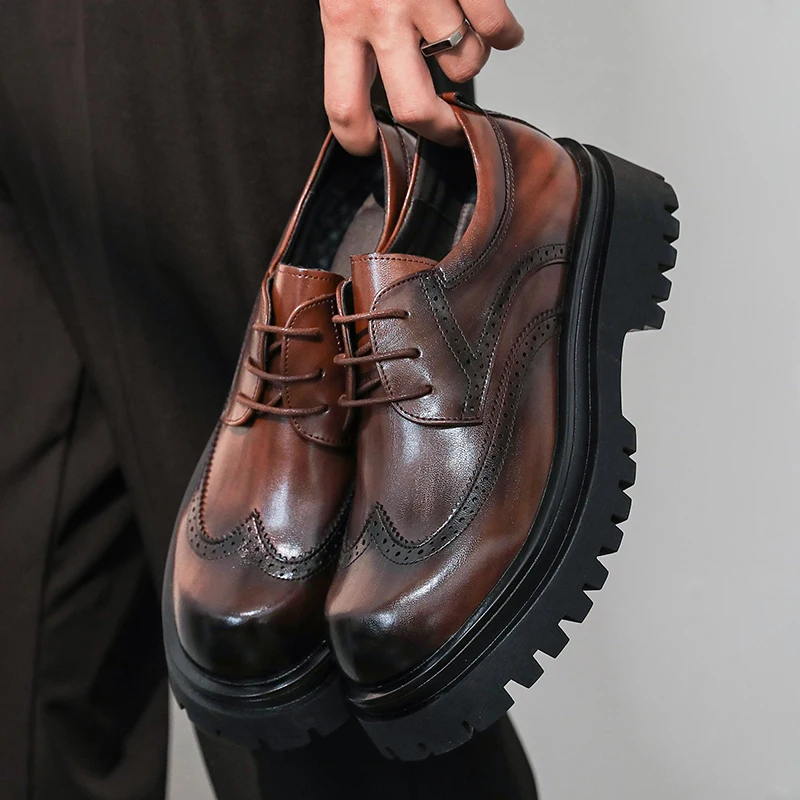 British Style Men's Block Shoes Thick Soled Durable for Office Interviews Formal Shoes Retro Brown Men's Shiny Leather Shoes3846