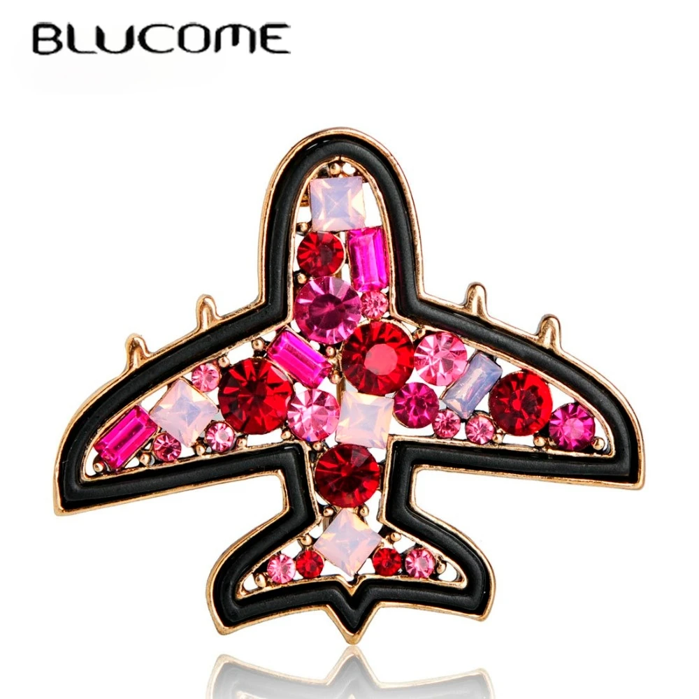 

Blucome Pre-sale Full Crystal Airplane Brooches Gold Color Mix Rhinestone Suit Collar Clips Aircraft Corsages Kids Broches