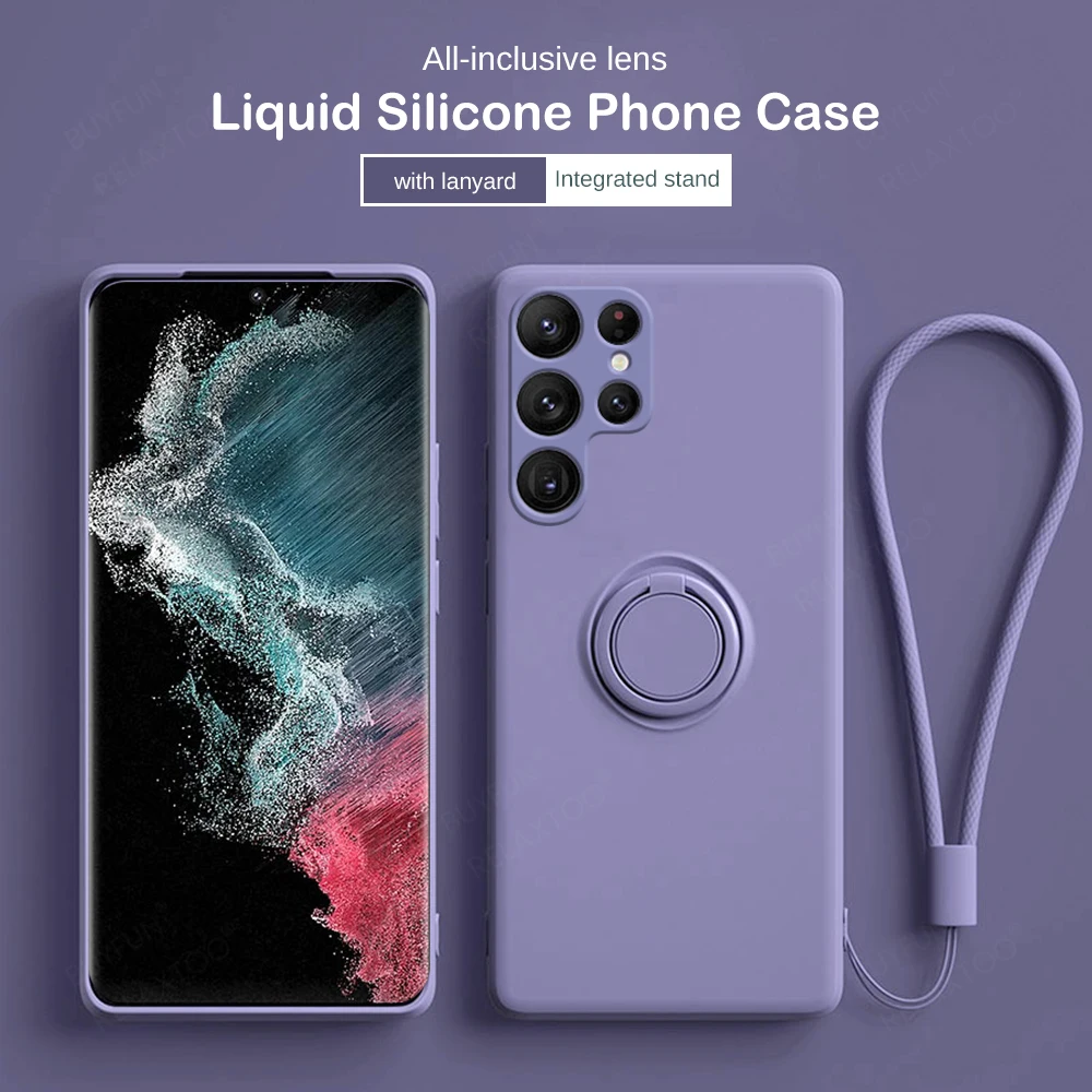 S23Ultra Custodia Morbida In Silicone Liquido Per Samsung Galaxy S 23 S23 Ultra Plus Magnet Holder Ring Coque Antiurto Con Cordino