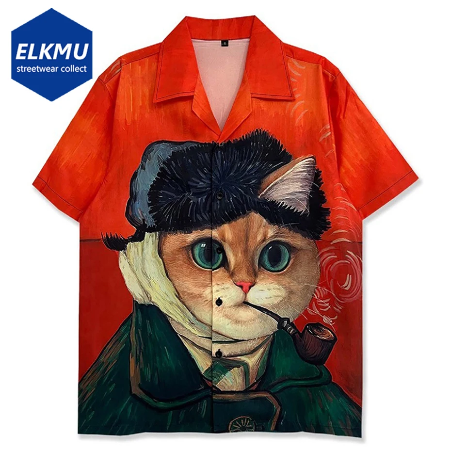 

Винтажные Гавайские рубашки большого размера, забавная блузка с рисунком Ван Гога и кота на пуговицах, летние топы с коротким рукавом в стиле Харадзюку