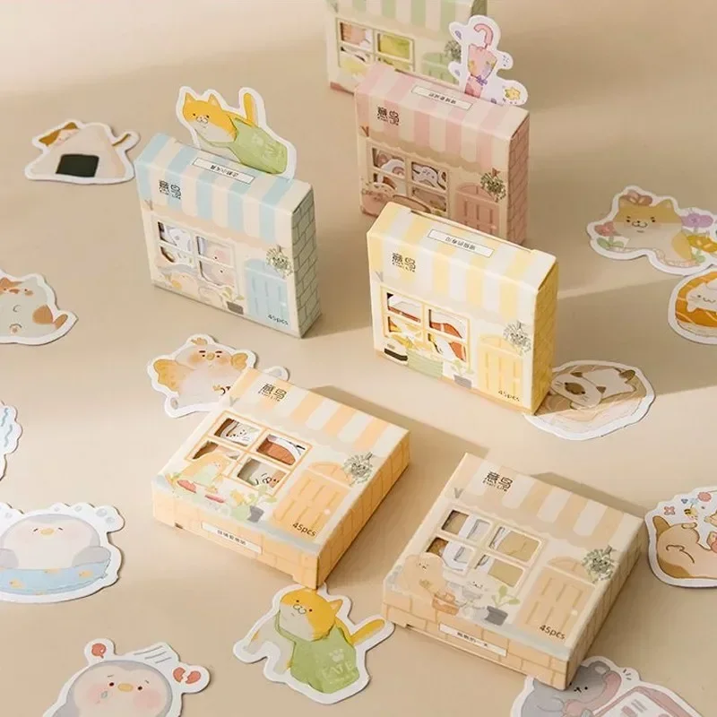 45 Stück pro Mini-Box, niedliche Tieraufkleber, Katze, Sushi, fette orangefarbene Katze, Vogel, Bär, Pinguin, rosa Schwein, Cartoon-Sammelalbum-Dekoration, 4 x 4 cm