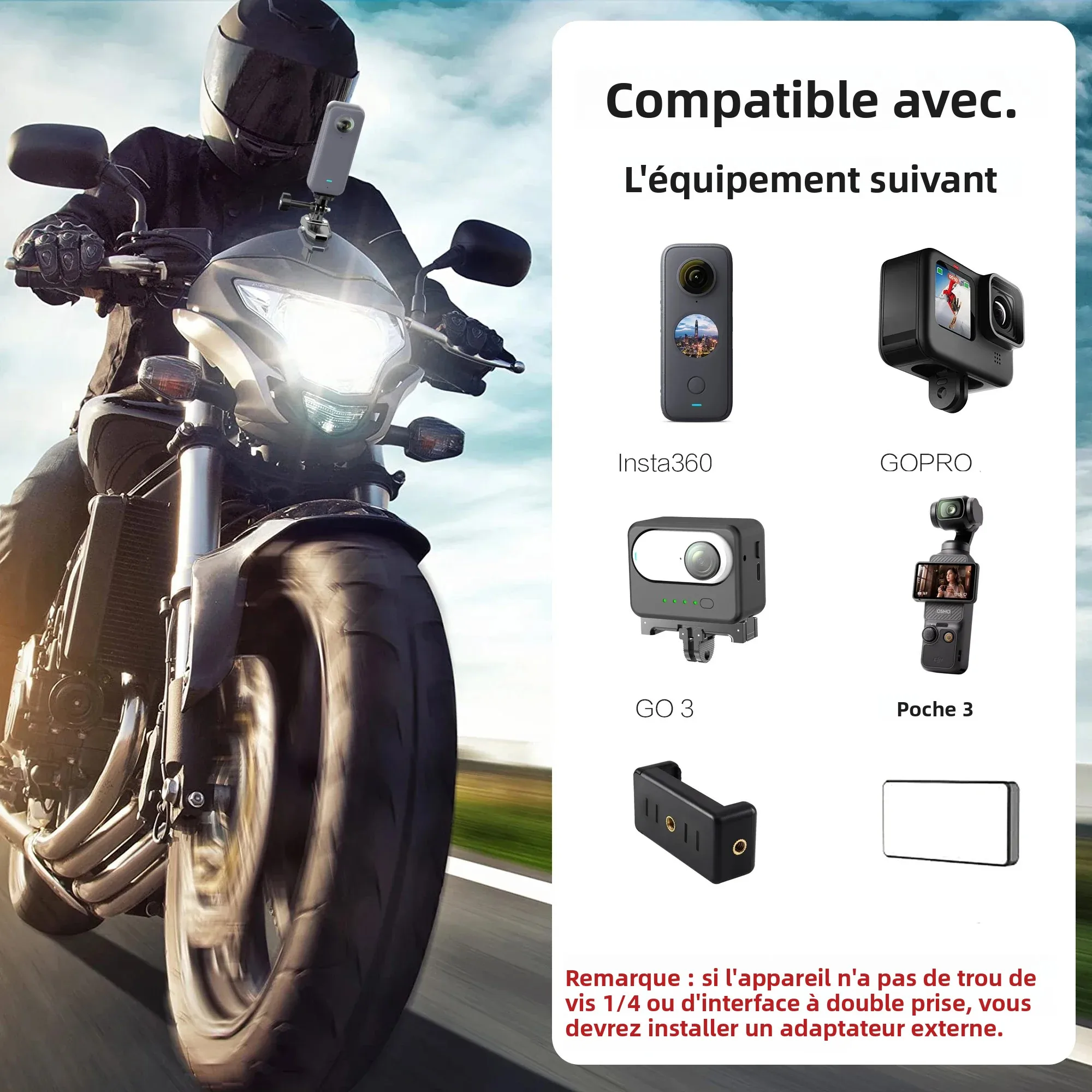Support pare-brise moto GoPro Insta360 DJI Osmo - Pince aluminium
