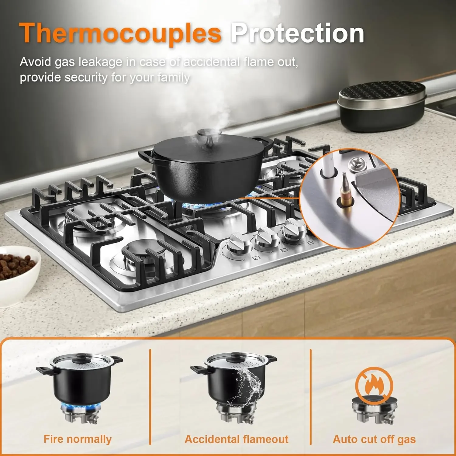 Bulit-In Gas Cooktop with Griddle, 5 Italy SABAF Powerful Burners Over 92% High Efficiency, Max 48300BTU Gas Stove Top, 304 Stai 5