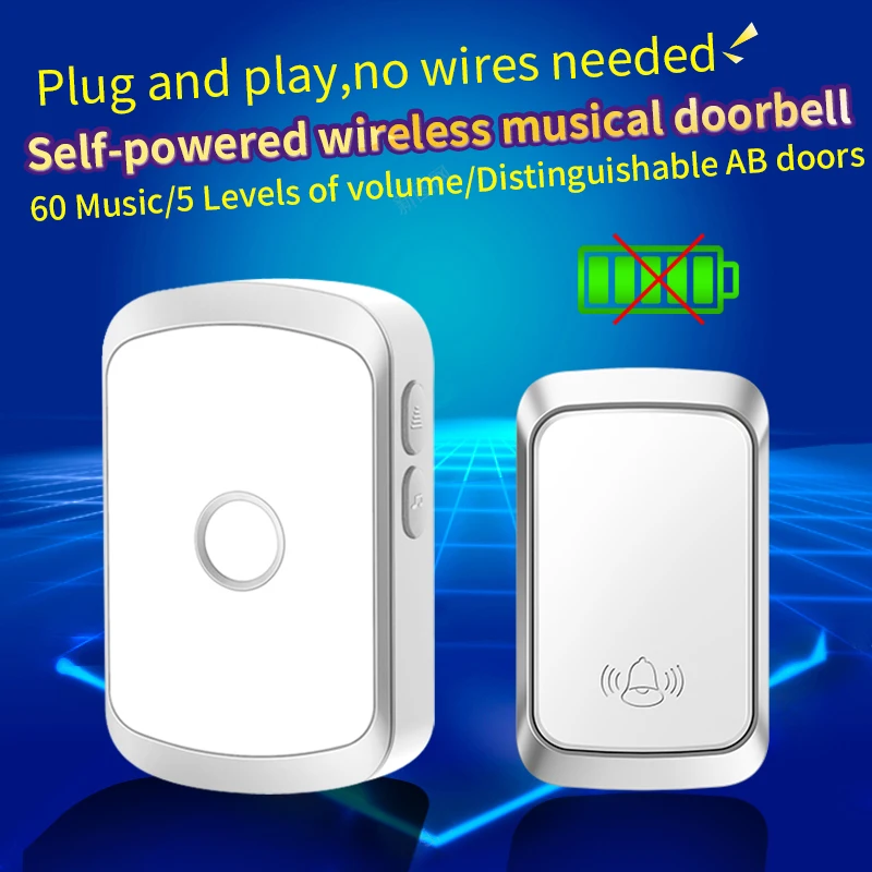

CACAZI Self-powered Wireless Doorbell Pro for Smart Home No Battery Waterproof 150M Long Range 60 Song Door Chime US EU UK Plug