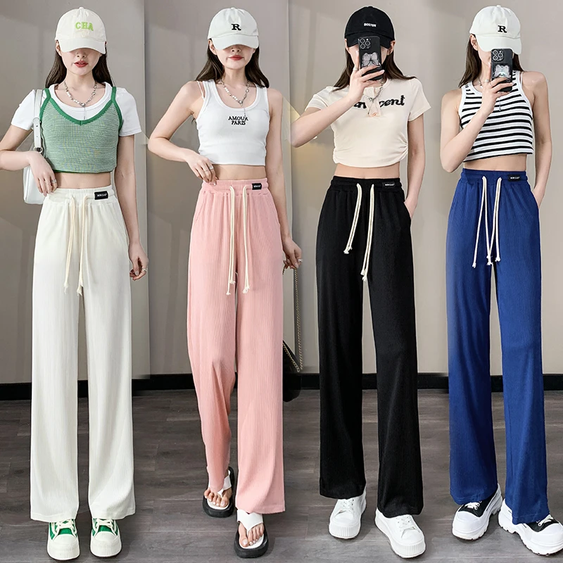 

2023 Summer Ice Silk Wide Leg Pants Narrow Edition High Waist Sagging Straight Tube Thin Floor Sweeping Casual Pants for Women