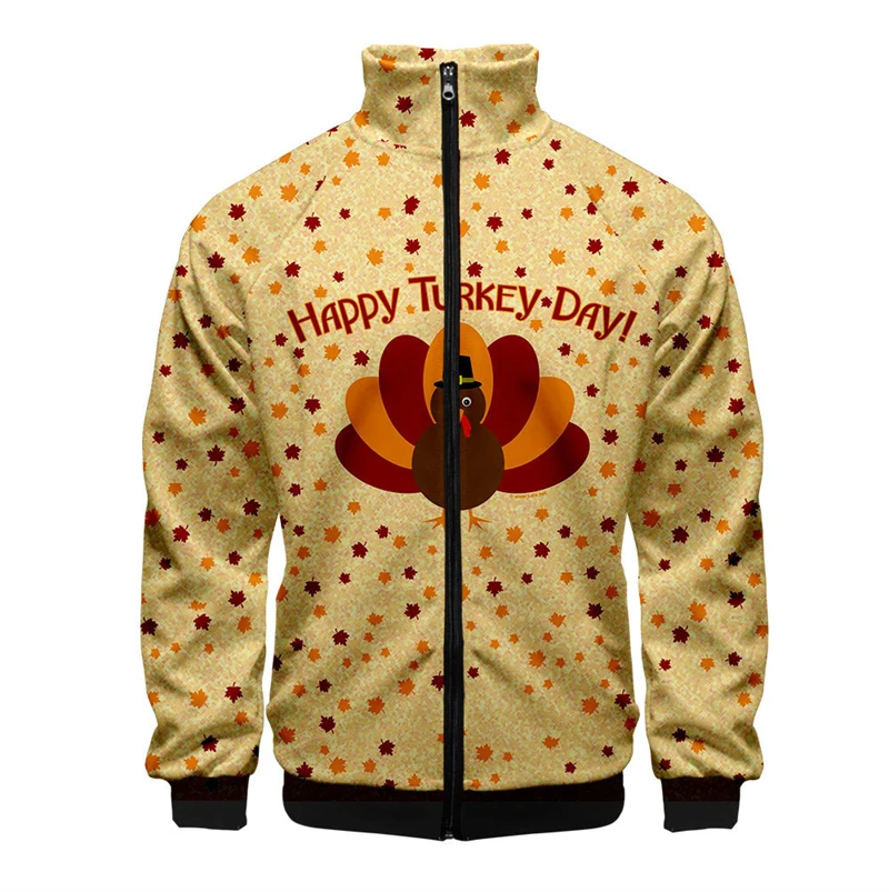 thumbnail image 1 of Chaqueta informal con cremallera y estampado 3D de Acción de Gracias de última oferta, diseño de pavo de animales de Acción de Gracias, para hombre, de manga corta, 1 of 4