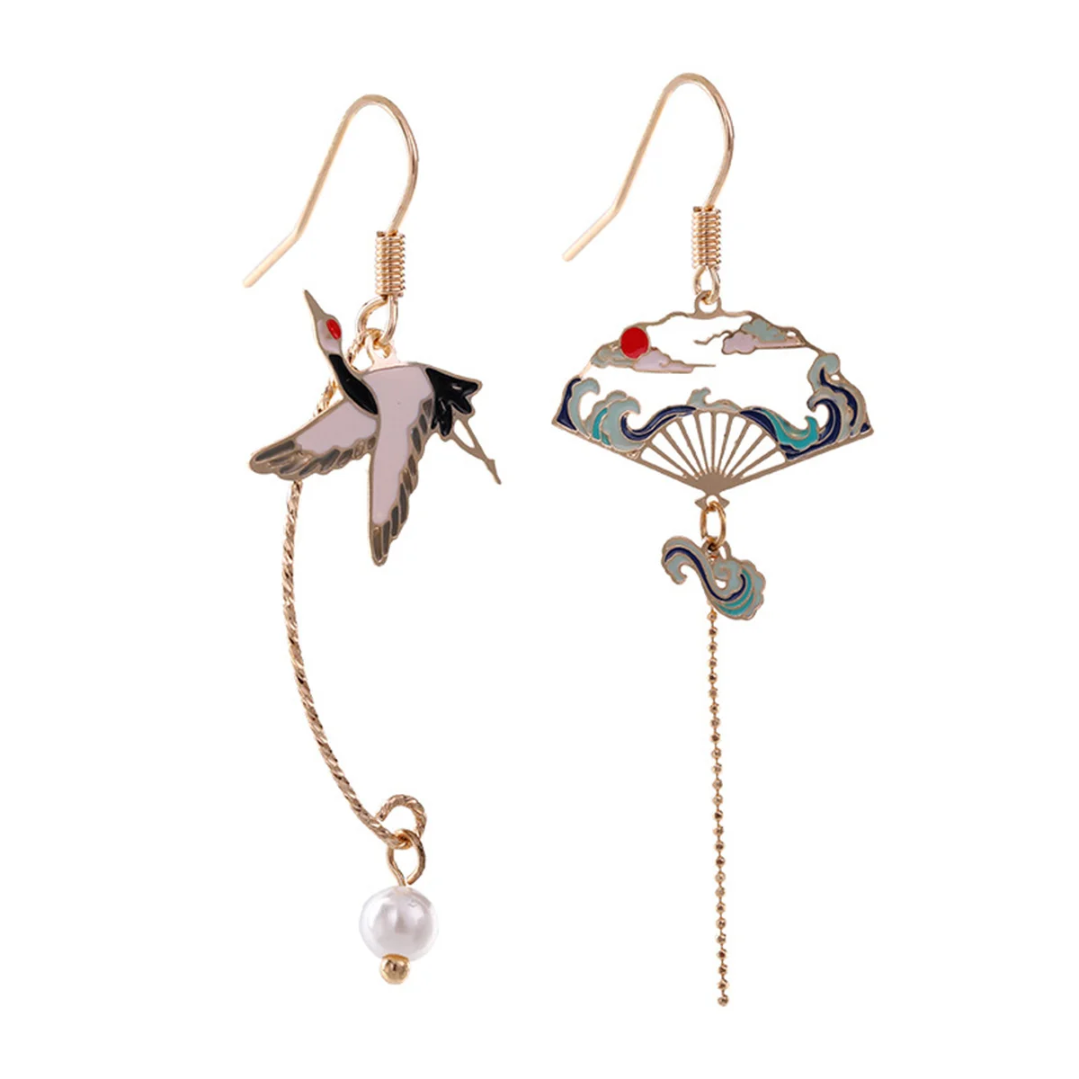 Chinese Style Folding Fan Birds Cloud Hanging Dangle Ethnic Earring Women Asymmetric Fish Cat Rabbit Bird Animal Drop Earrings