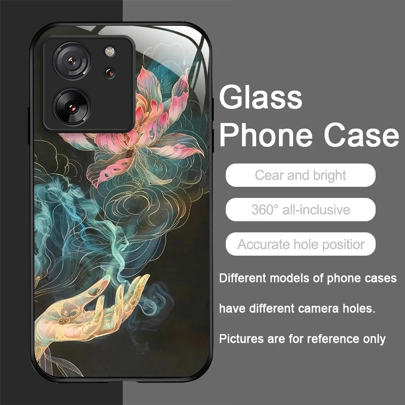 Artistic Lotus Flower Pattern Tempered Glass Phone Case