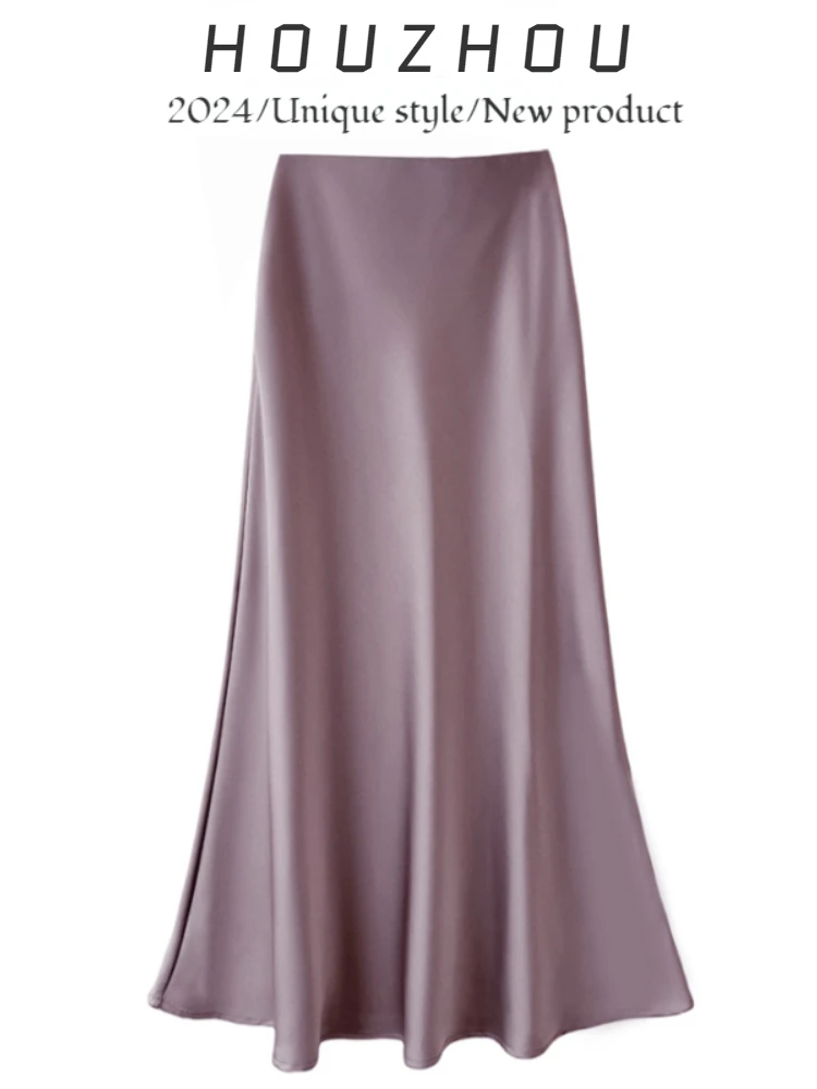 HOUZHOU Satin Midi Skirt for Women Chic Elegant High Waist A-line Slim Casual Silk Mermaid Skirt Office Lady 2024 Spring Summer