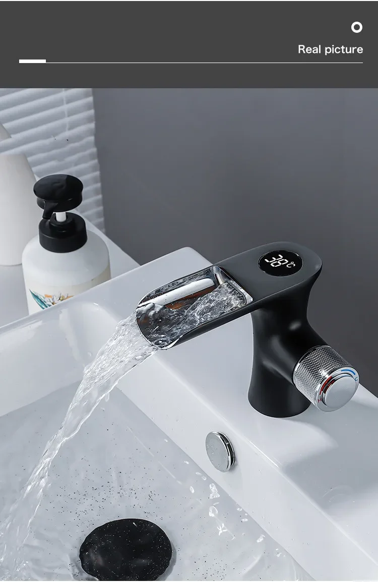 Description Picture 2 of itemNew Basin Faucet Temperture Digital Show Bathroom Black Wash basin Single Handle Hot and Cold Waterfall