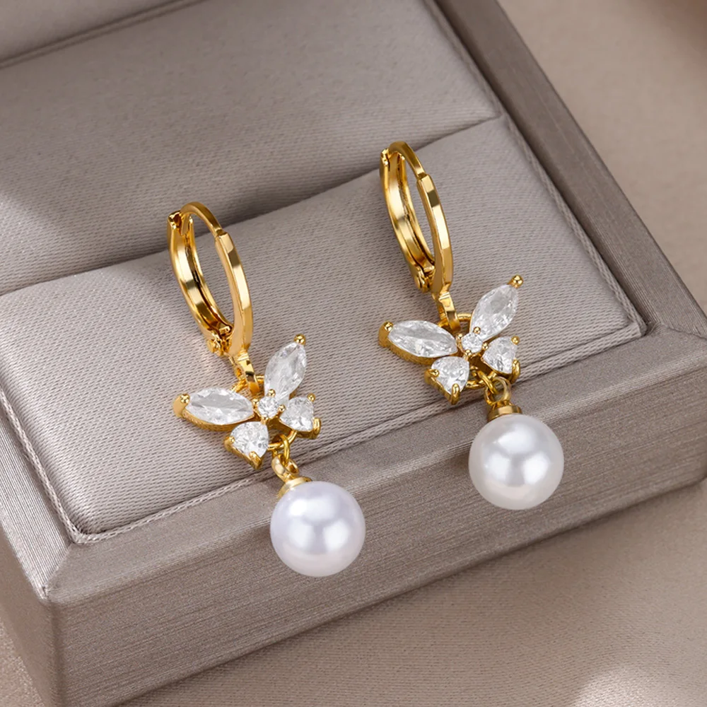 Butterfly Zircon Stainless Steel Pearl Earrings For Women