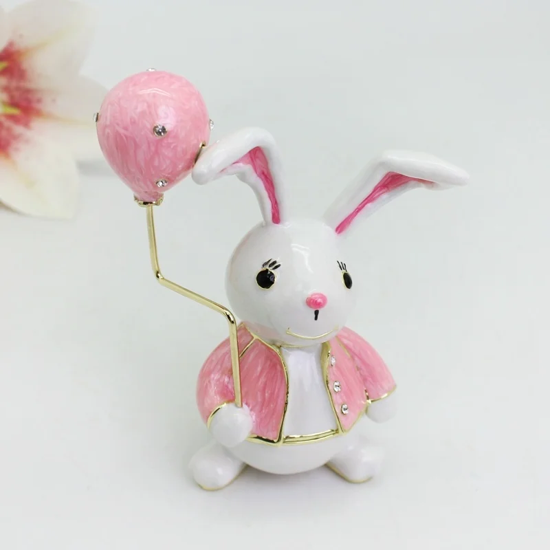 SHINNYGIFTS Emaille-Kaninchen-Dekobox, Abschlussgeschenk, ein Cartoon-Häschen-Ornament mit einem Ballon, Osterhase – Detail 13