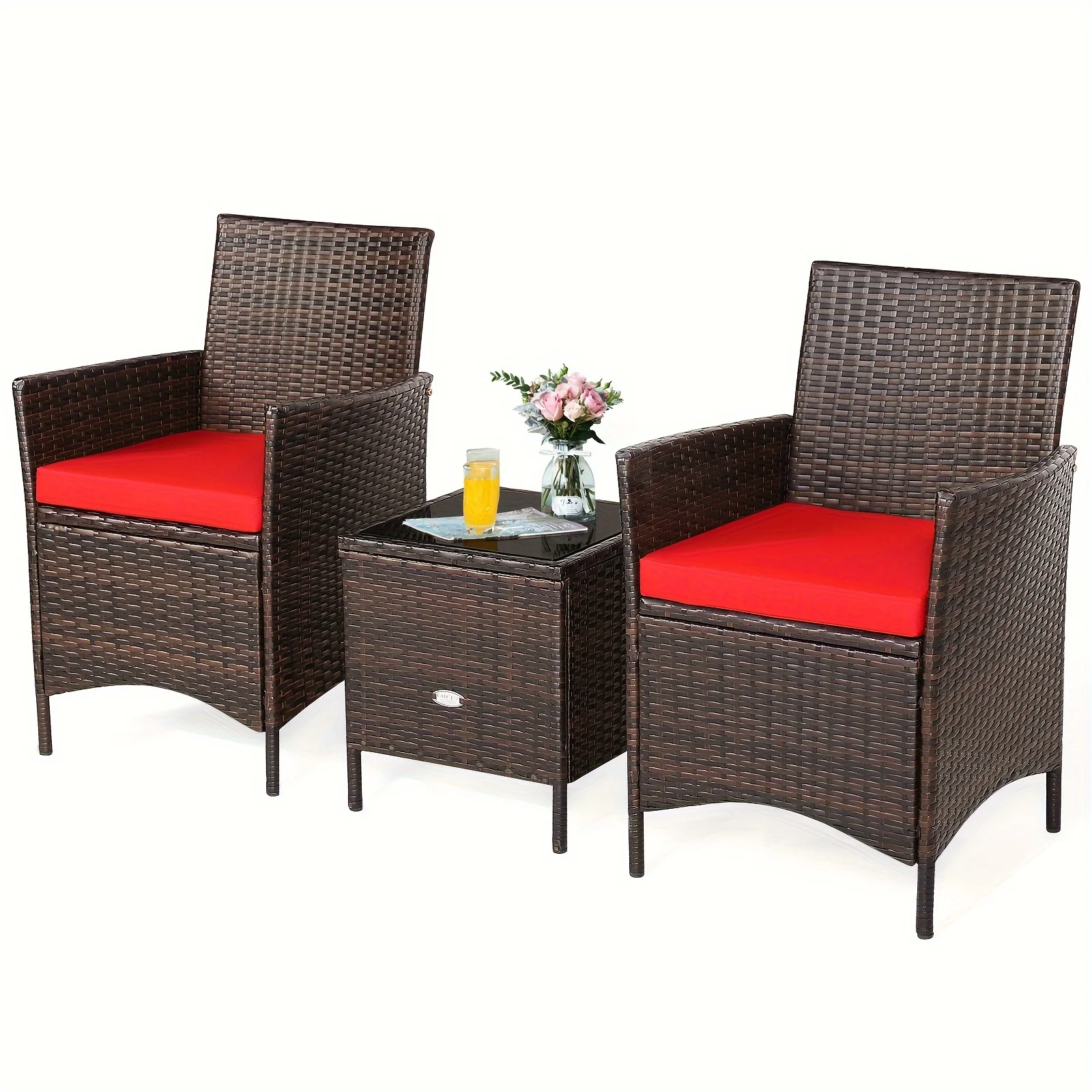 

3pcs Patio Rattan Furniture Set, Cushioned Sofa Glass Table For Garden - Red Picnic Car camping Mesa plegable playa Folding camp