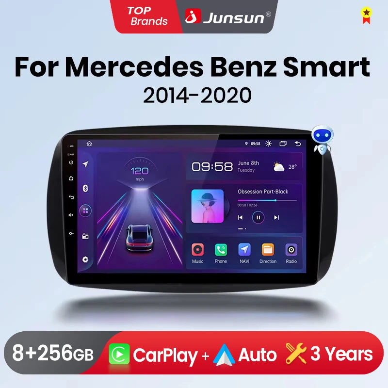 Radio de coche Junsun con CarPlay inalámbrico y Android Auto para Mercedes Benz Smart 453 Fortwo 2014-2020, estéreo multimedia 2 DIN con ventilador de refrigeración integrado, navegación GPS, SWC, Bluetooth, FM, RDS, DSP, pantalla IPS, sistemas inteligentes para coche 1