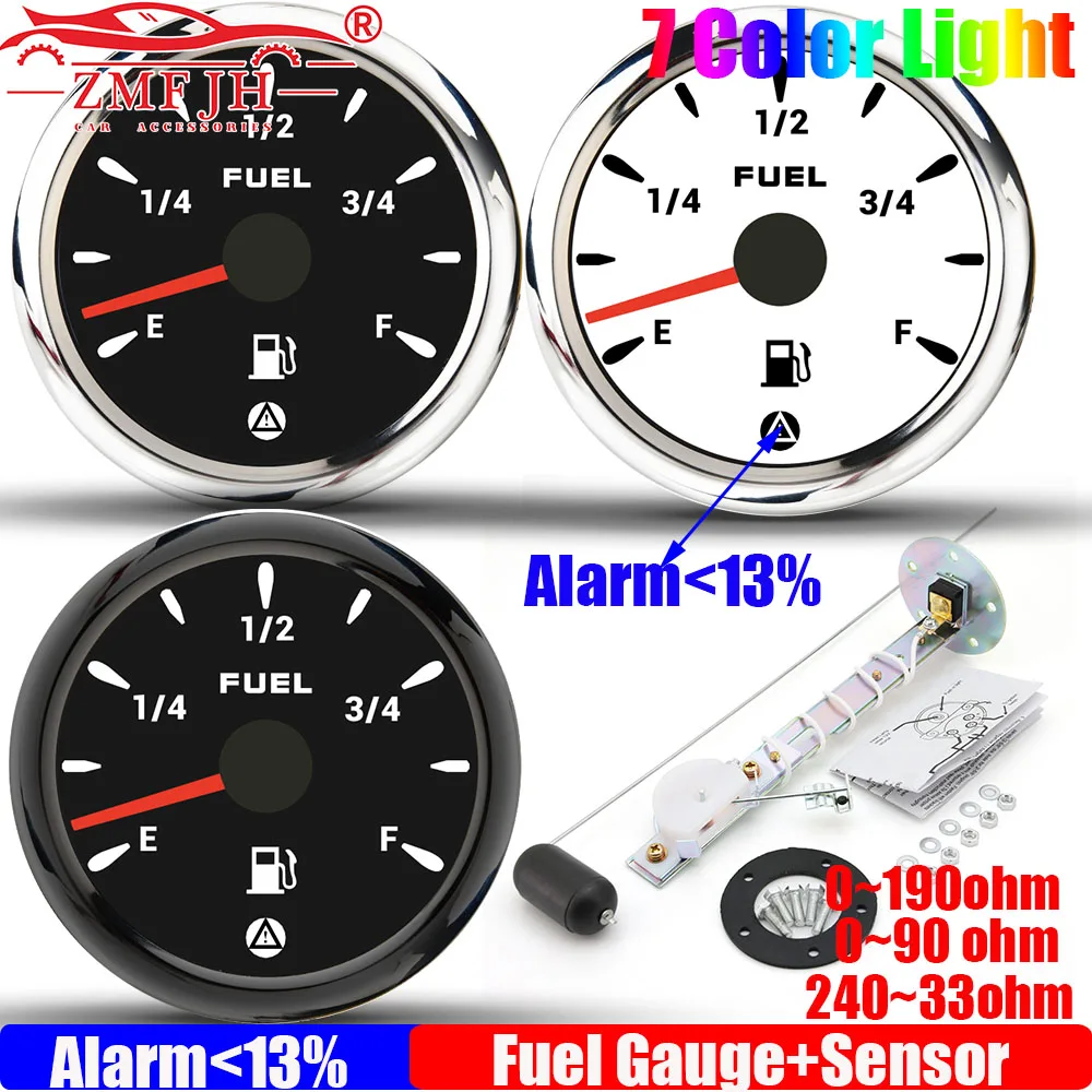 ZMFJH 7색 LED 0-190옴 52MM 연료 레벨 게이지 (오일 플로트 레벨 ..