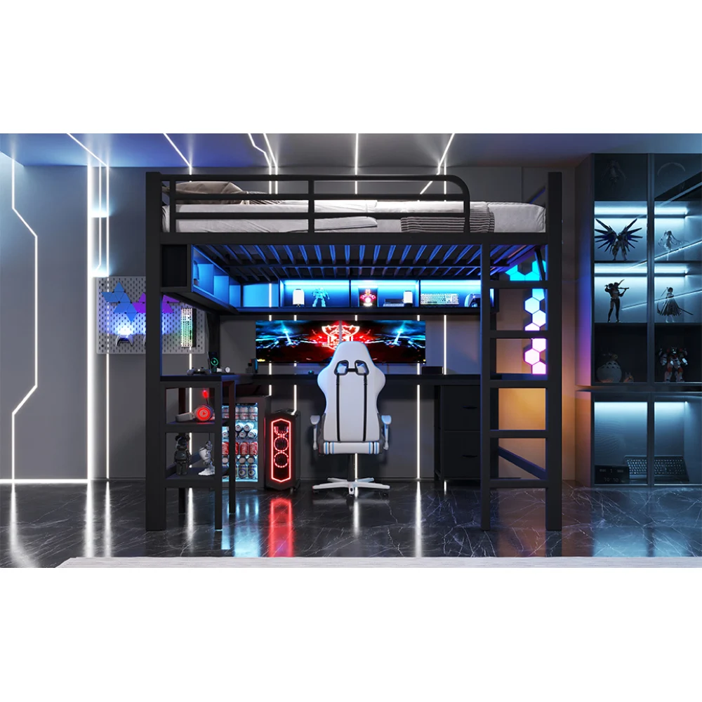 140 x 200 cm modernes Metall-Hochbett für Spiele mit Bücherregal, Kinder-Etagenbett mit Schreibtisch und Kleiderschrank, USB- und LED-Beleuchtung, weiß – Detail 27