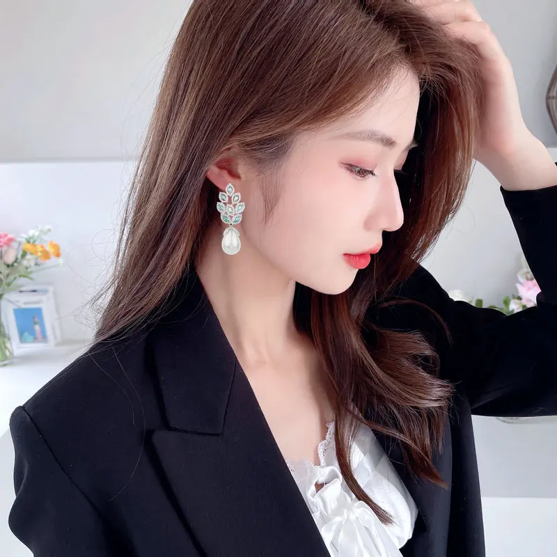 Leaf Water Drop Shaped Pearl Earrings For Wedding Or Party