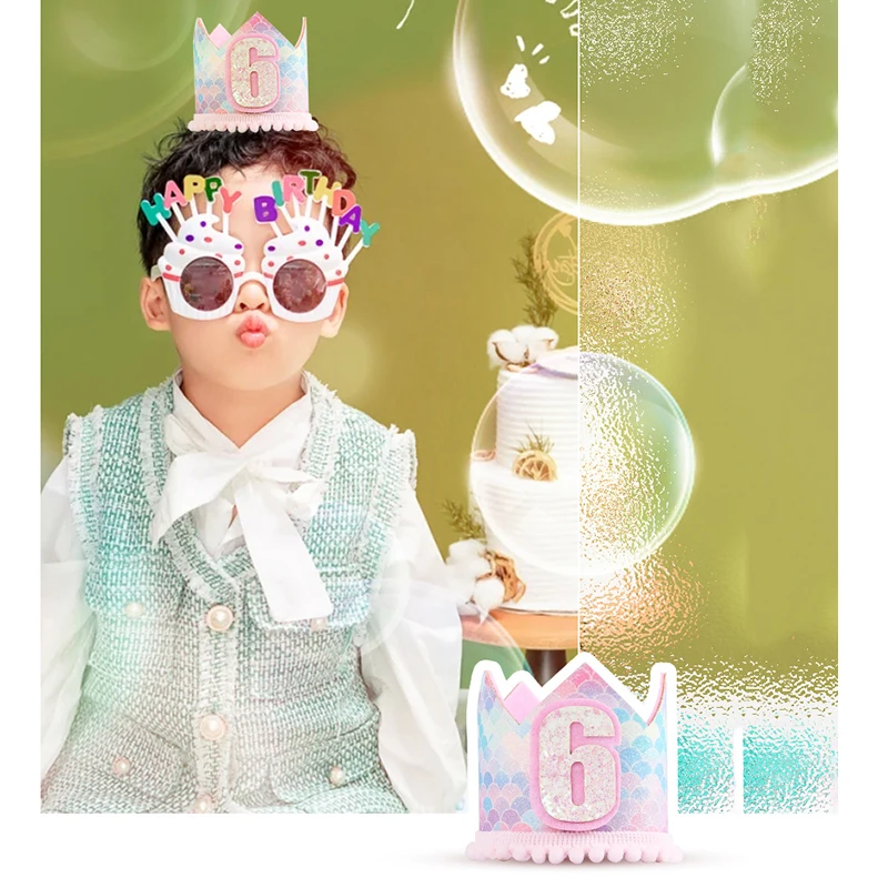 Baby Geburtstag bunte Regenbogen Krone Kappe 1-9 th Kinder Baby Dusche Fischschwanz Hut alles Gute zum Geburtstag Stirnband Meerjungfrau Party Filzhut – Detail 1