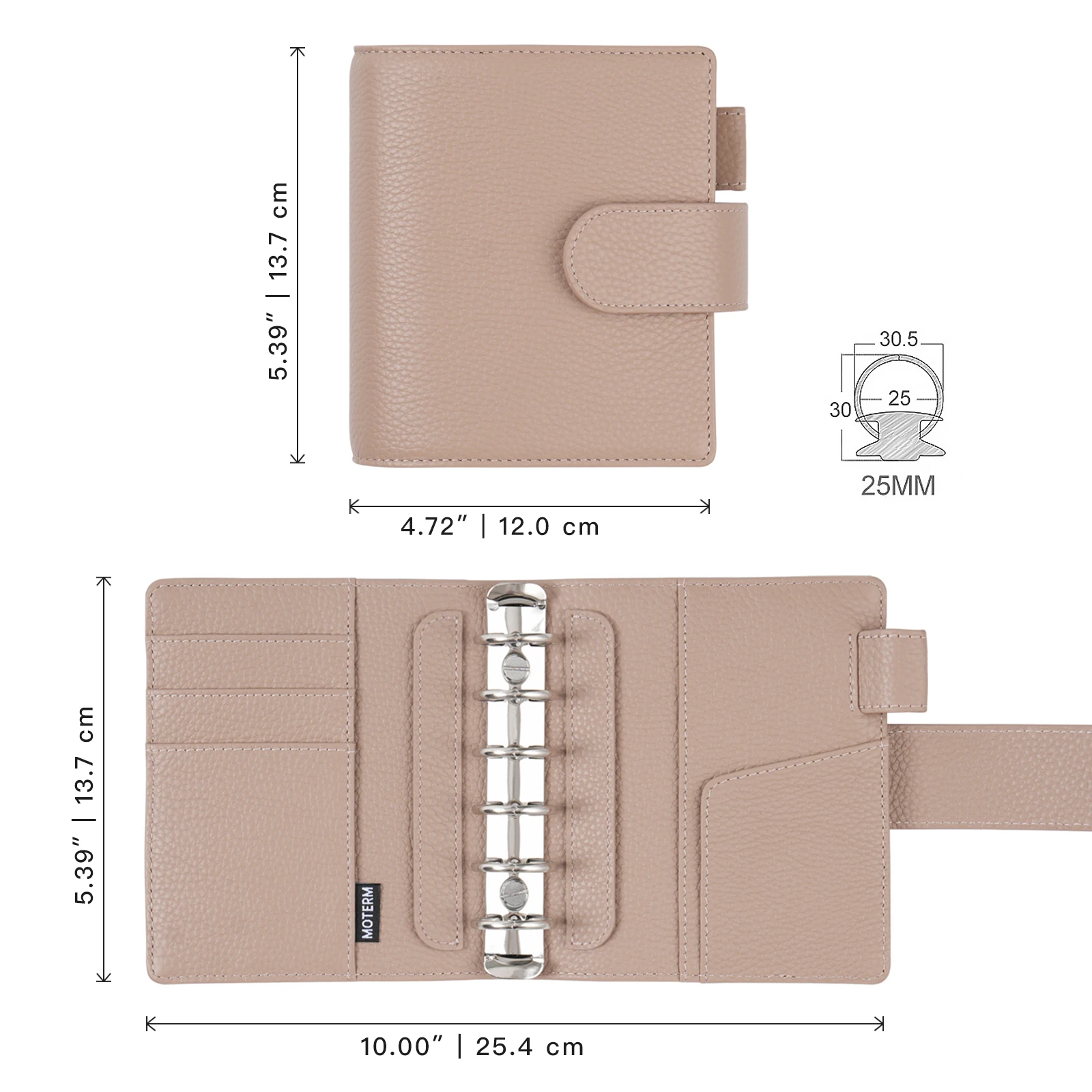 Moterm New Arrival Elite Pocket A7 Rings Planner Cover Pebbled Grain Leather Binder Organizer Notebook Journal with 25mm rings 2