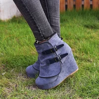 2025 Modern High-heel Boots for Women Ankle Wedges Suede Ladies Shoes Splicing Fake Zip Belt Buckle Height Increasing Daily Wear 2
