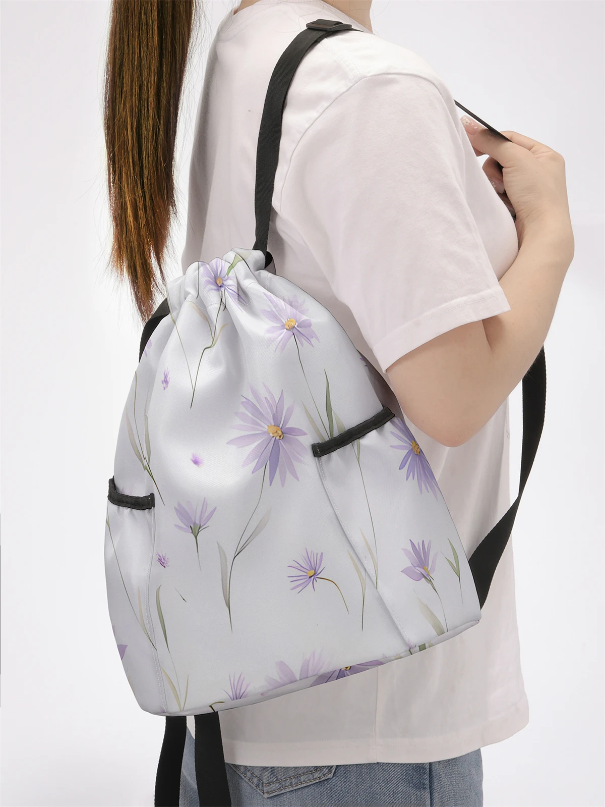Flower Pattern Drawstring Backpack - Large Capacity Durable Fitness Bag, Adjustable Shoulder Straps, Sports Beach Backpack
