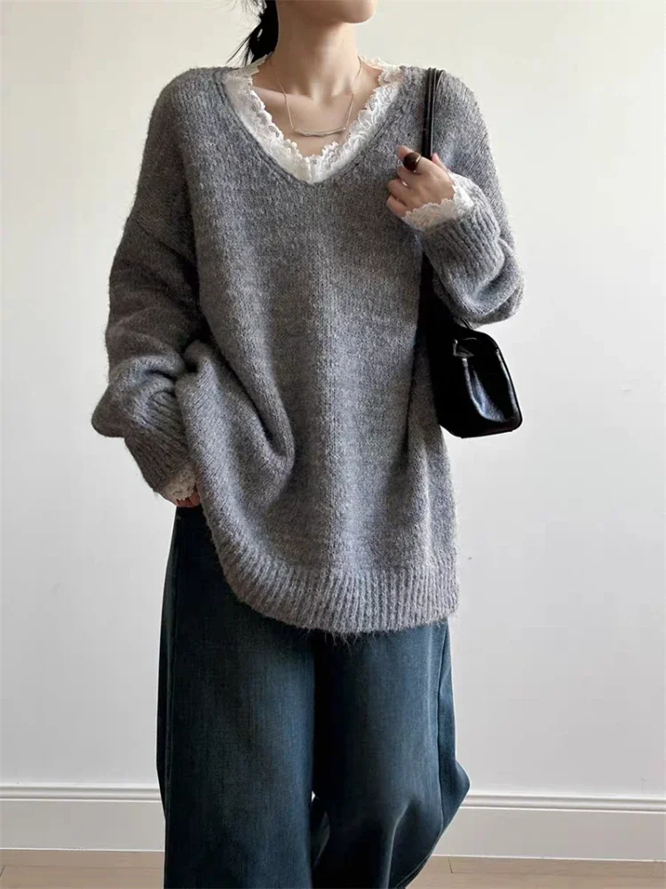 New Autumn and Winter V-neck Lace Lace Women's Long-sleeved Sweater Elegant Fashion Elegant Loose Knitted Pullover Shirt