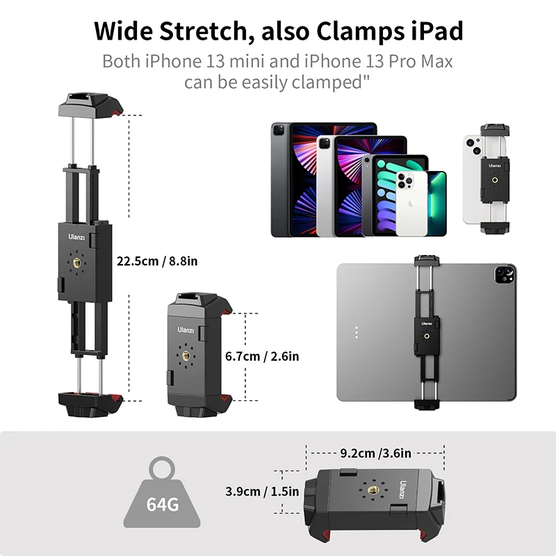 Ulanzi ST-29 범용 전화 태블릿 삼각대 마운트 홀더 iPad iPhone 13 12 Vlog 촬영 용 수직 촬영 태블릿 마운트 클램프