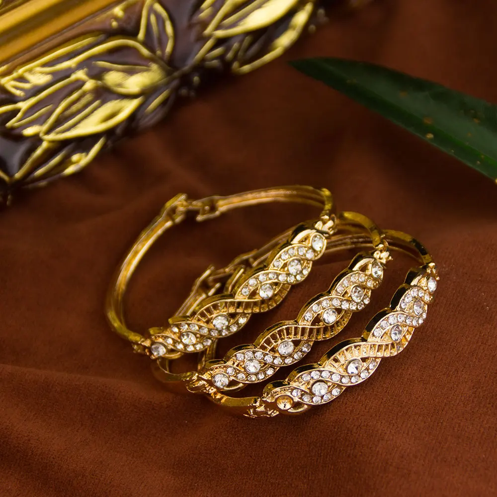Gold Color Arabic Cuff Bracelet for Women Algeria Morocco Bride Wedding Jewelry DuBai Rhinestone Thin Bangles