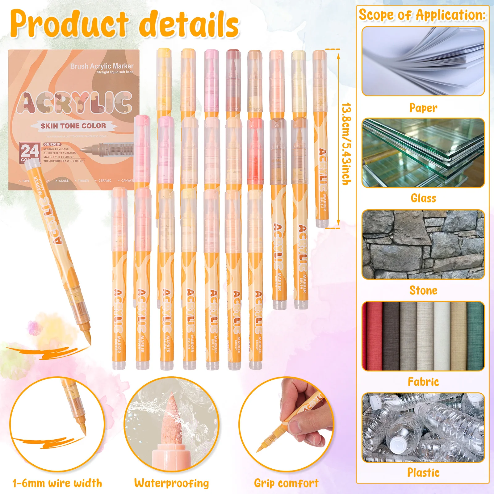 24Pcs Acrylic Paint Pens Quick Dry Acrylic Markers Set With Soft Nib for Paper Wood Rock Glass Graffiti Brush Markers