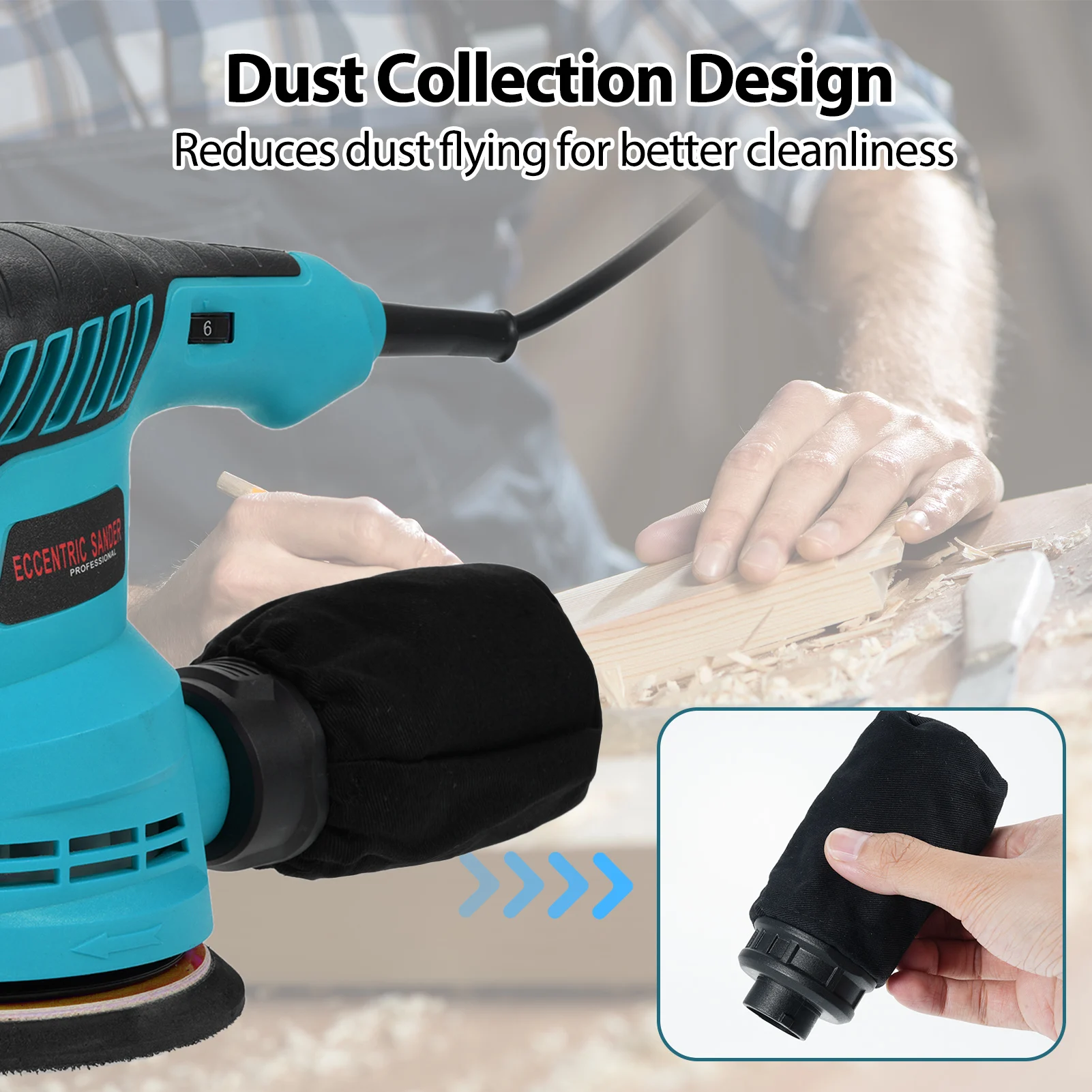 Random Orbital Sander 300W 13000RPM Electric Orbital Sander with 6 Variable Speeds Palm with 5Pcs Sandpapers and Dust Bag